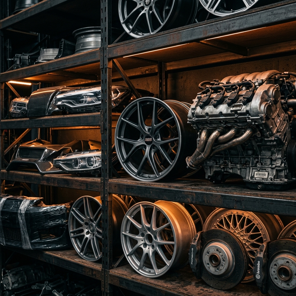 Premium salvaged auto parts on industrial shelving